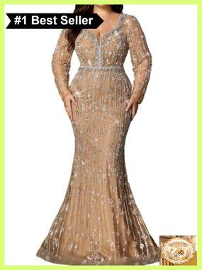 Plus Size Sequin Beaded Mermaid Prom Gown Long Sleeve Formal Evening Dress